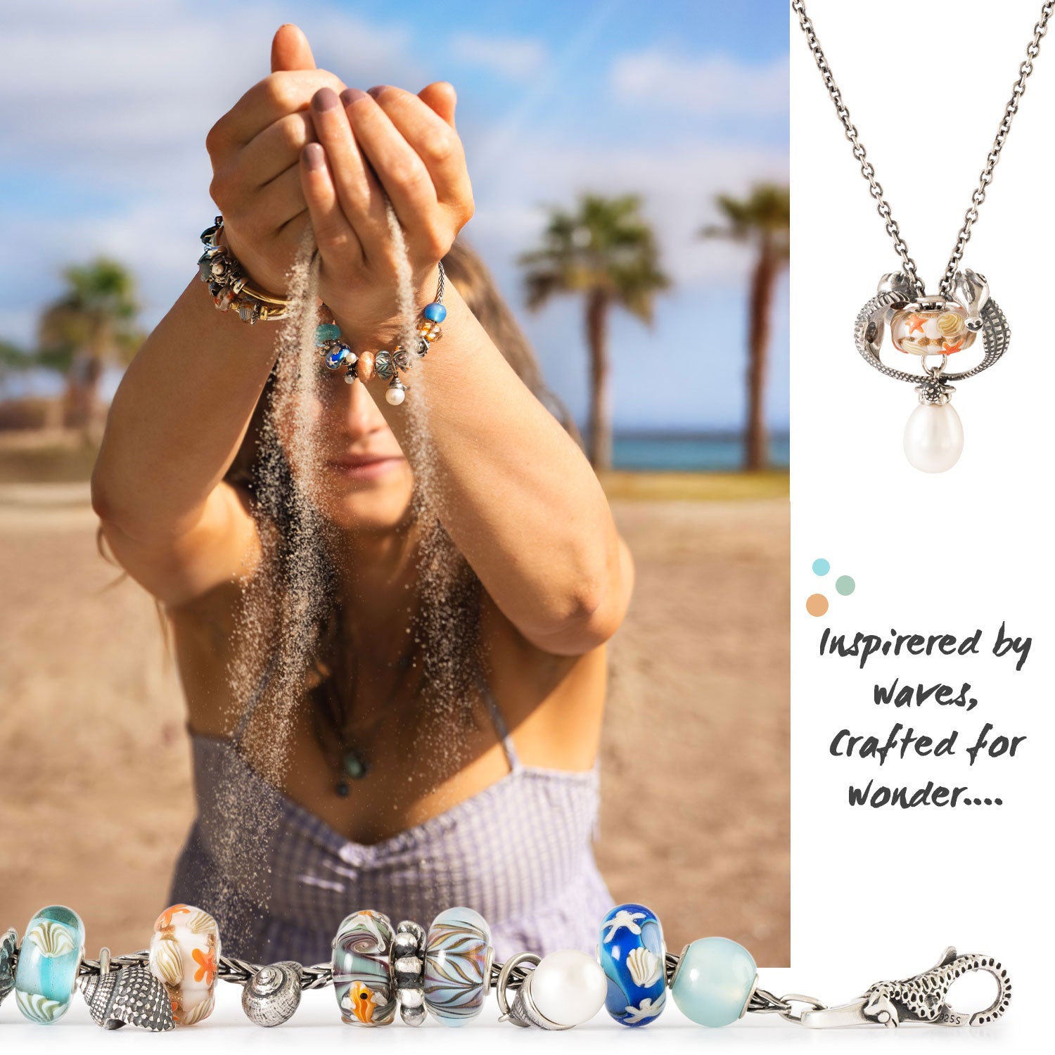 Model with Tides of Treasure collection on beach. Necklace with Seahorses, beaded bracelet and quote